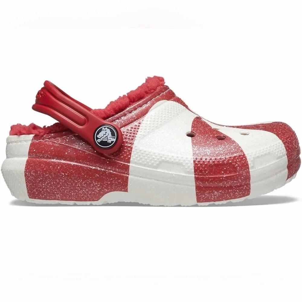 CROCS Kids Red and White Peppermint-Pattern Fleece-Lined Clog